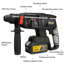 Gisam cordless hammer drill detail view, drilling modes and battery indicator
