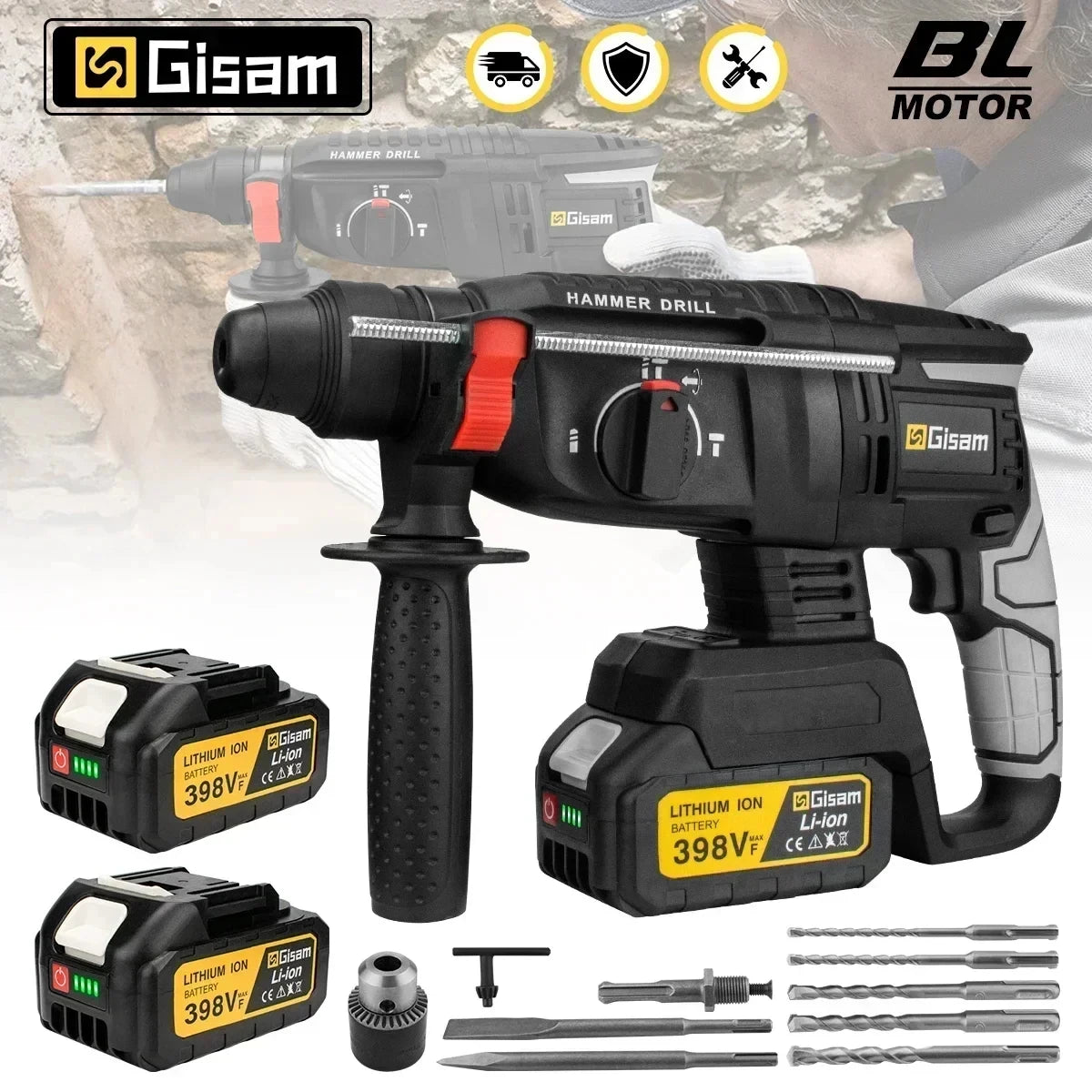 Gisam cordless hammer drill packaging, black and yellow batteries included