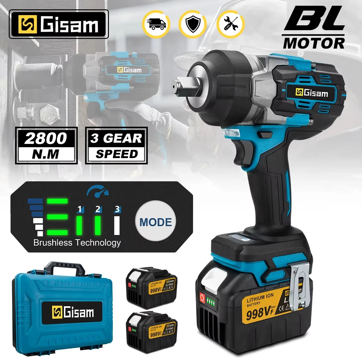 Gisam impact wrench packaging, black and blue with battery included