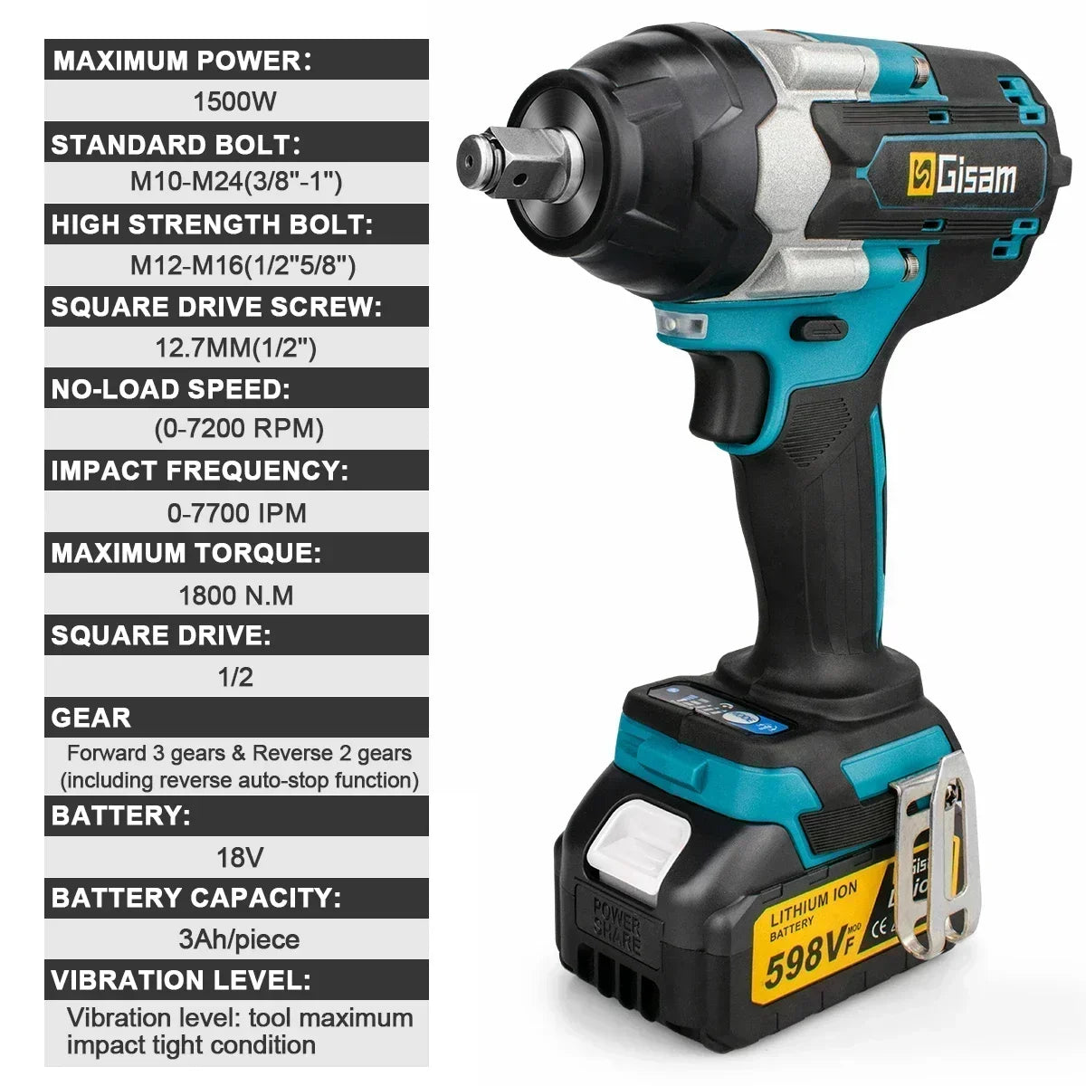 Gisam impact wrench specifications close-up, black and blue with speed details