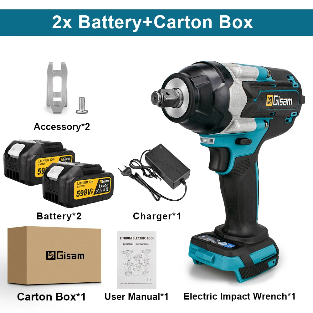 Gisam impact wrench kit packaging, black and blue with two batteries included
