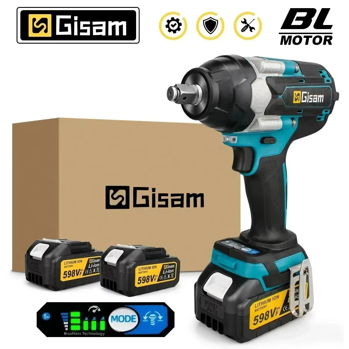 Gisam brushless impact wrench kit packaging, black and blue with two batteries