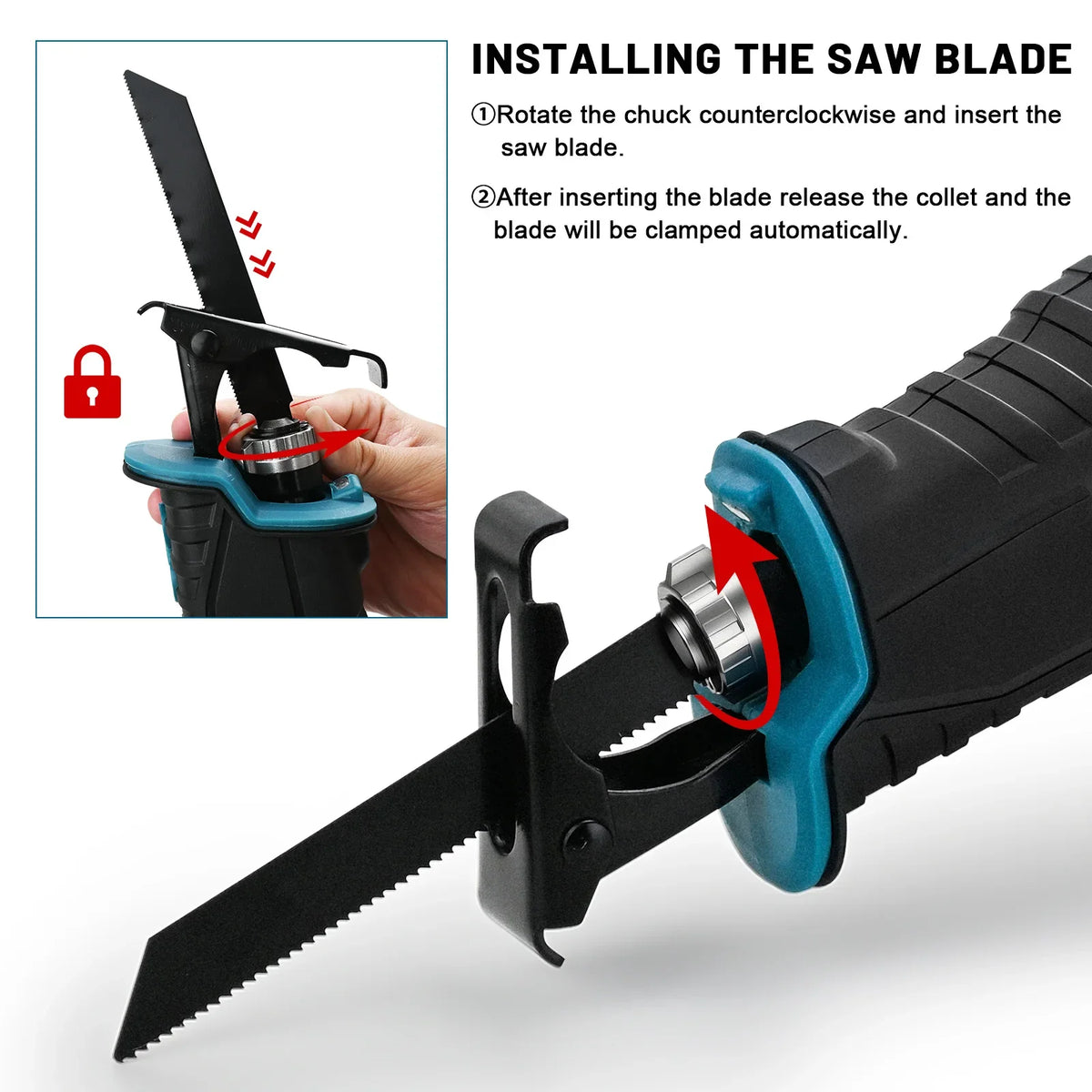 Gisam reciprocating saw blade installation guide detail, handle and blade