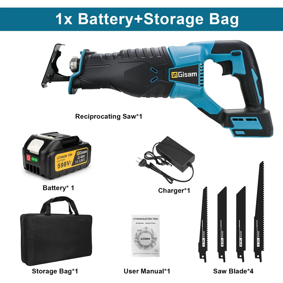 Gisam reciprocating saw kit packaging, battery included and multiple blades