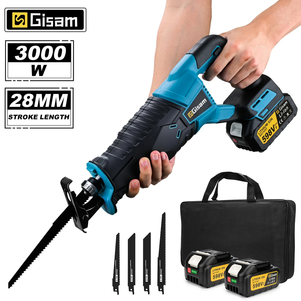 Gisam cordless reciprocating saw detail close-up, blue and black body