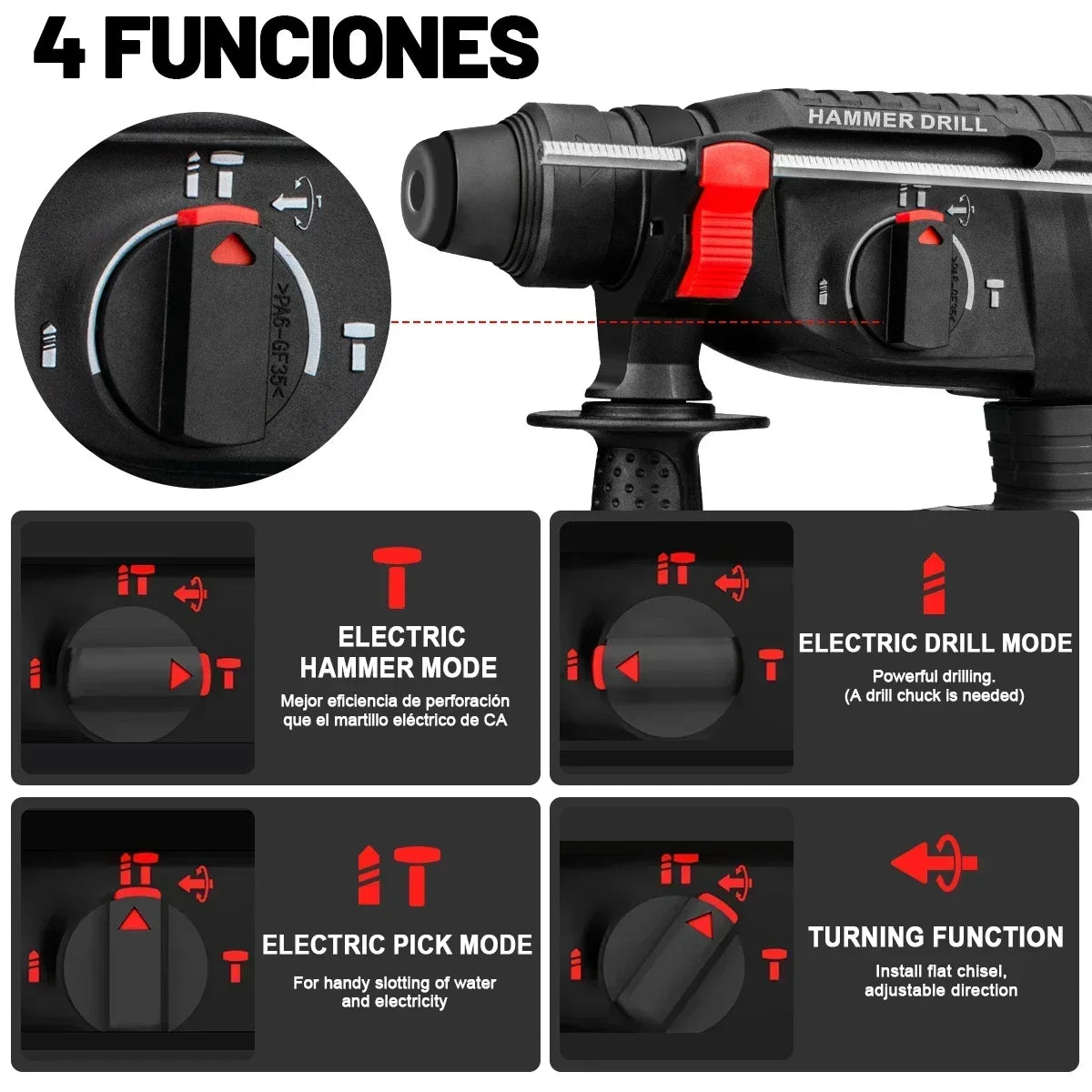 Gisam cordless hammer drill function selector detail, black and red labels