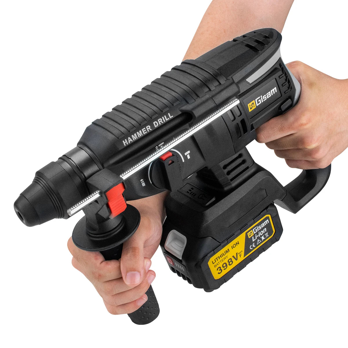Gisam cordless hammer drill detail close-up, black and red controls