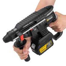 Gisam cordless hammer drill detail close-up, black and red controls