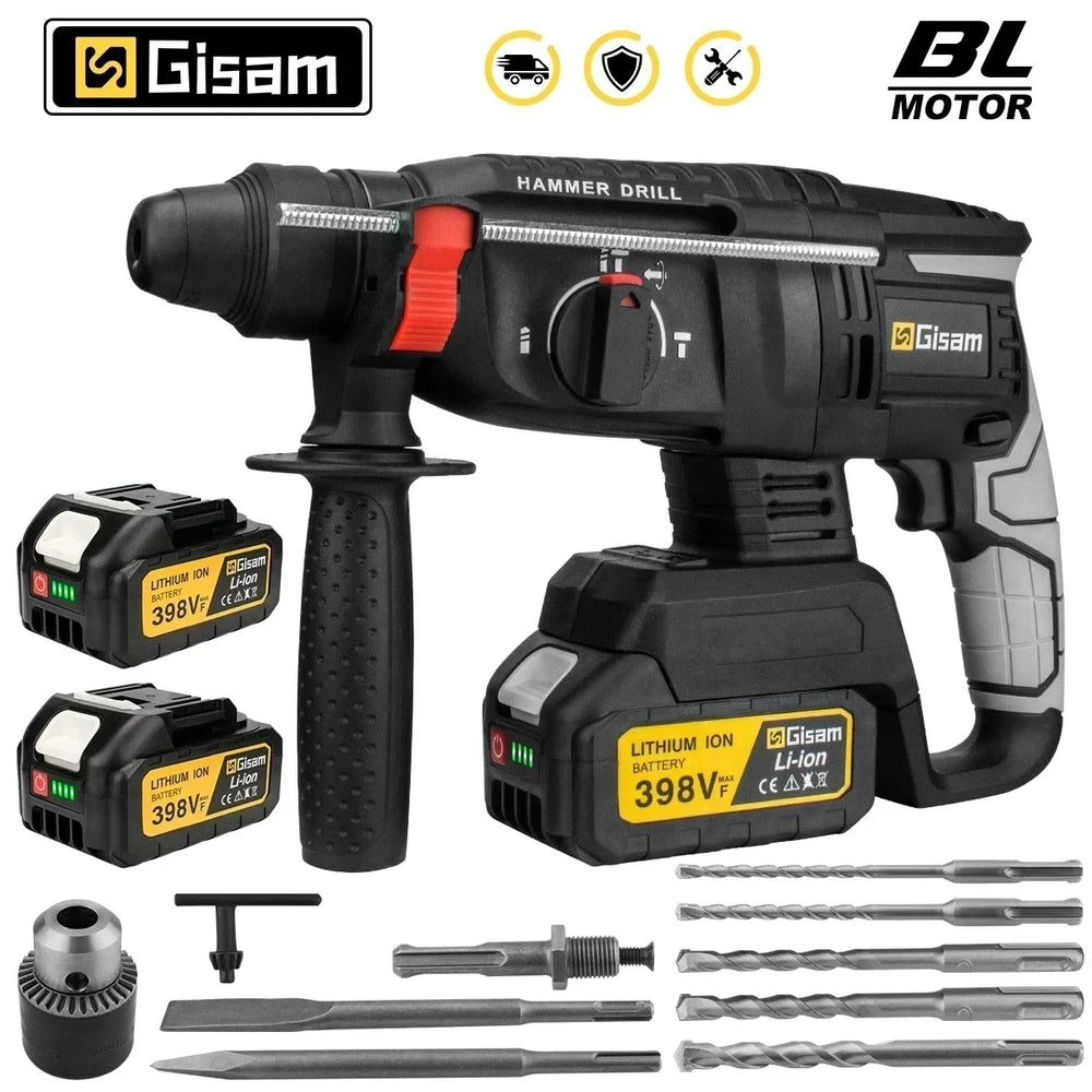 Gisam cordless hammer drill front view, black and yellow with batteries