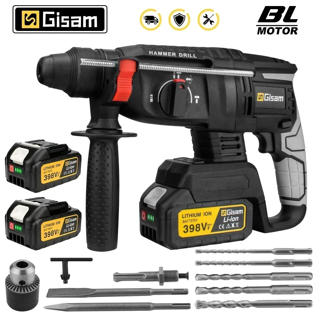 Gisam cordless hammer drill front view, black and yellow with batteries