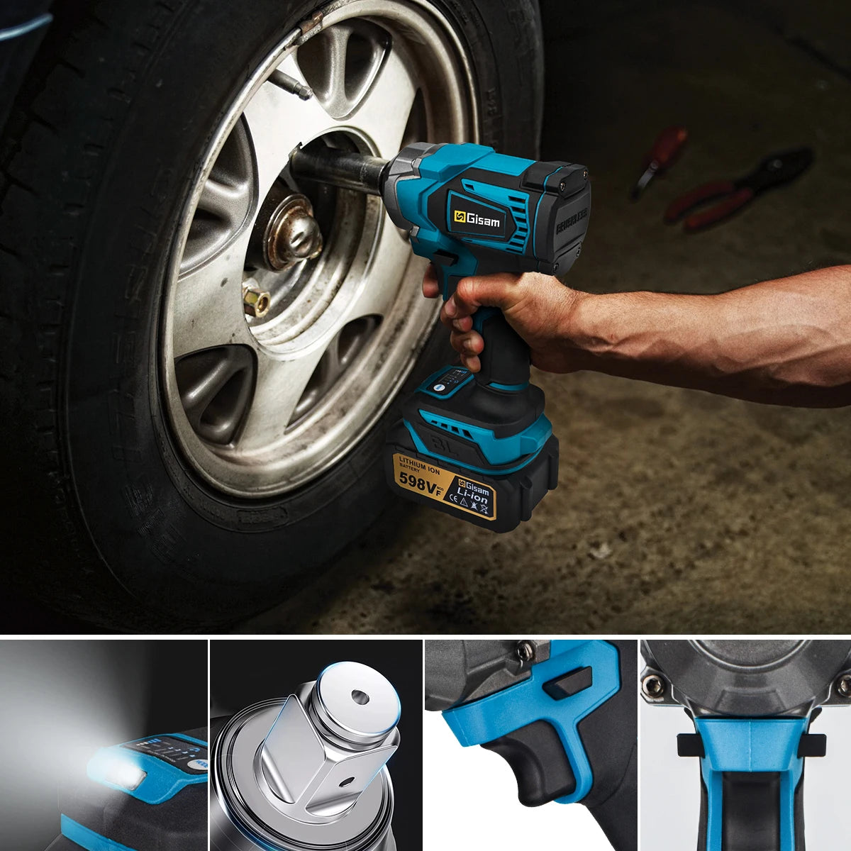 Gisam handheld impact wrench in use, working on a tire outdoors