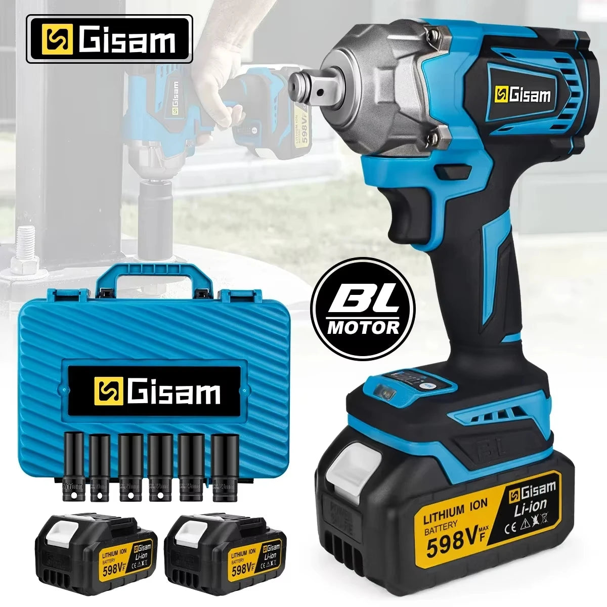 Gisam impact wrench kit packaging, blue and black with two batteries