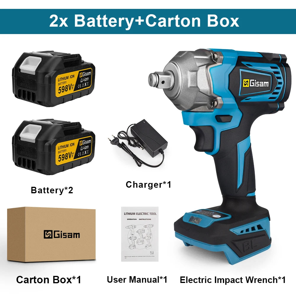 Gisam impact wrench kit in plastic box with one battery and charger