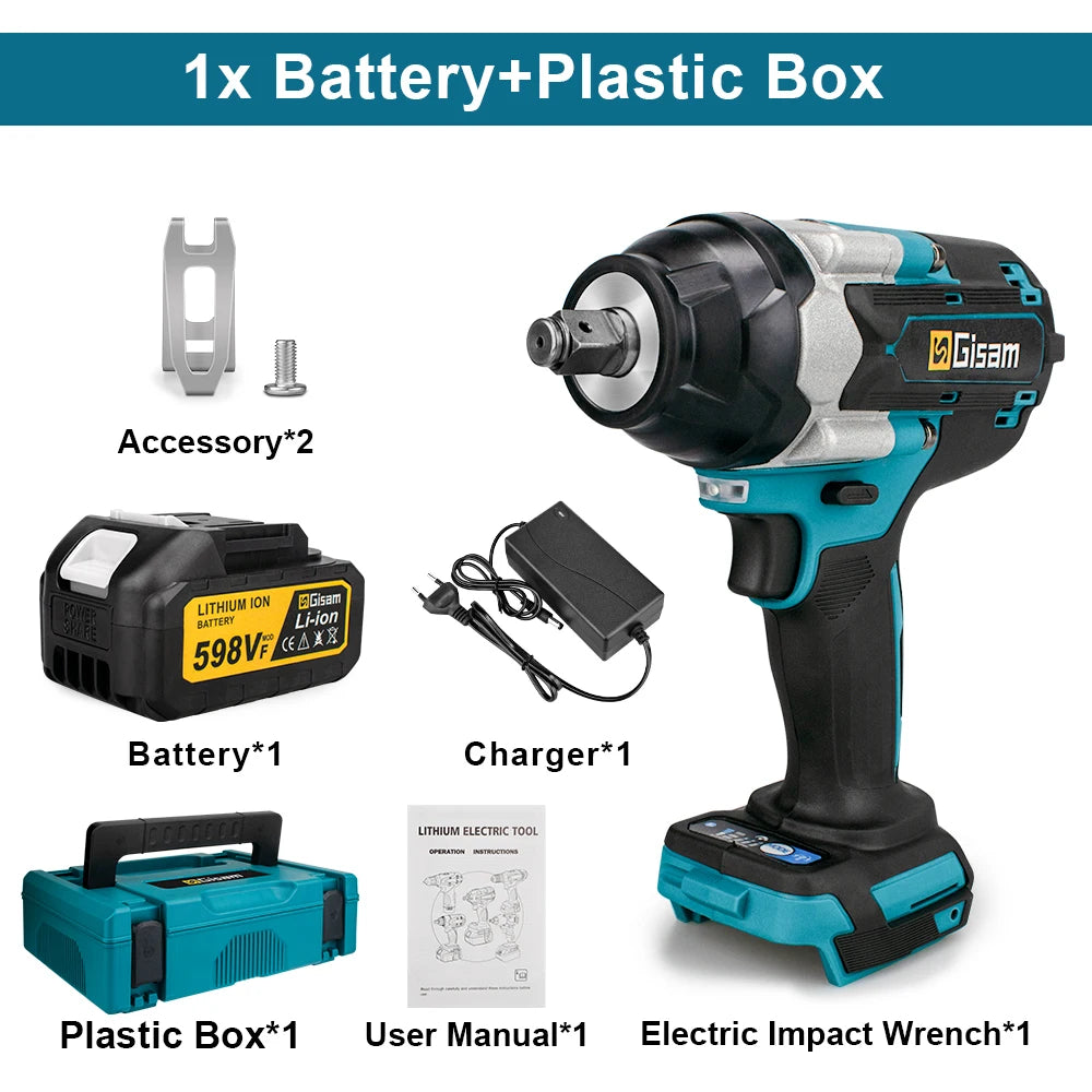 Gisam impact wrench packaging, black blue yellow box with one battery and charger