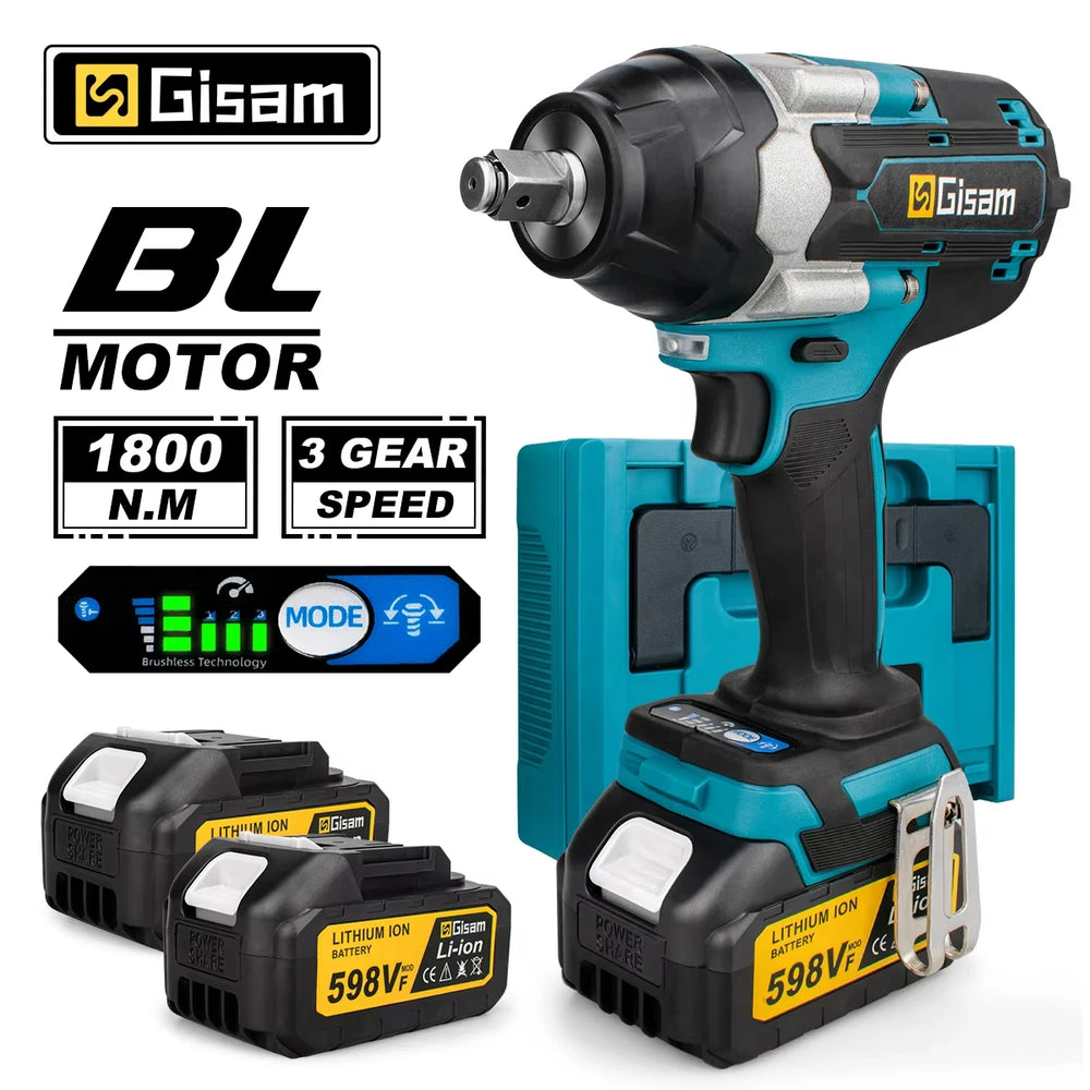Gisam impact wrench front view in black and blue, brushless cordless 1/2-inch drive