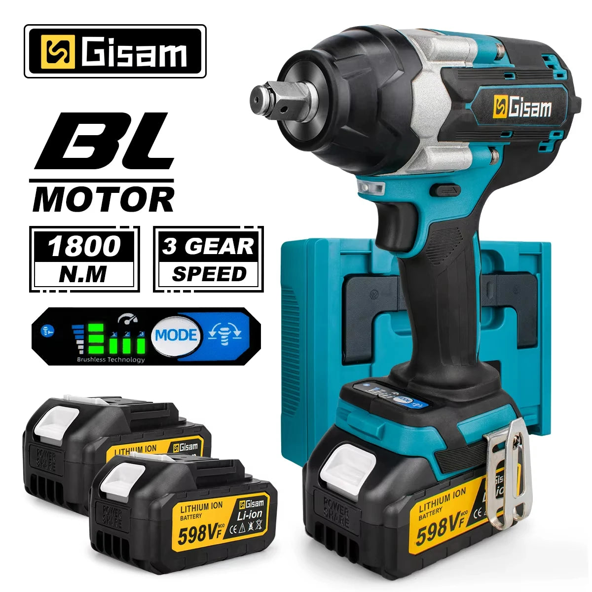Gisam impact wrench front view in black and blue, brushless cordless 1/2-inch drive