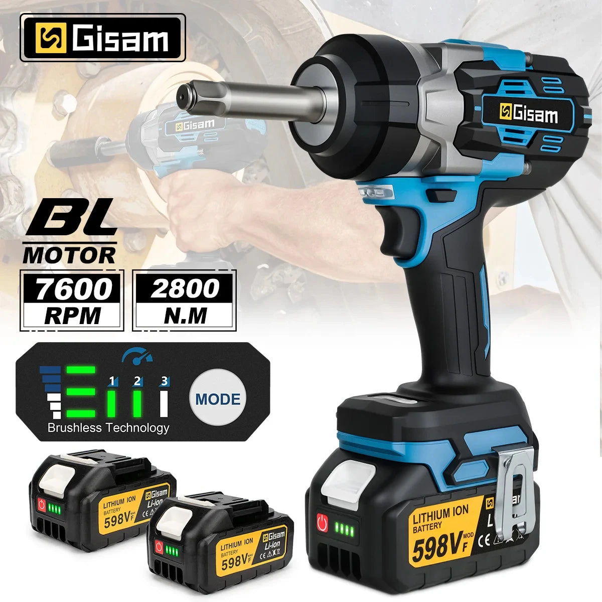 Gisam cordless impact wrench front view with LED display, black/blue/gray