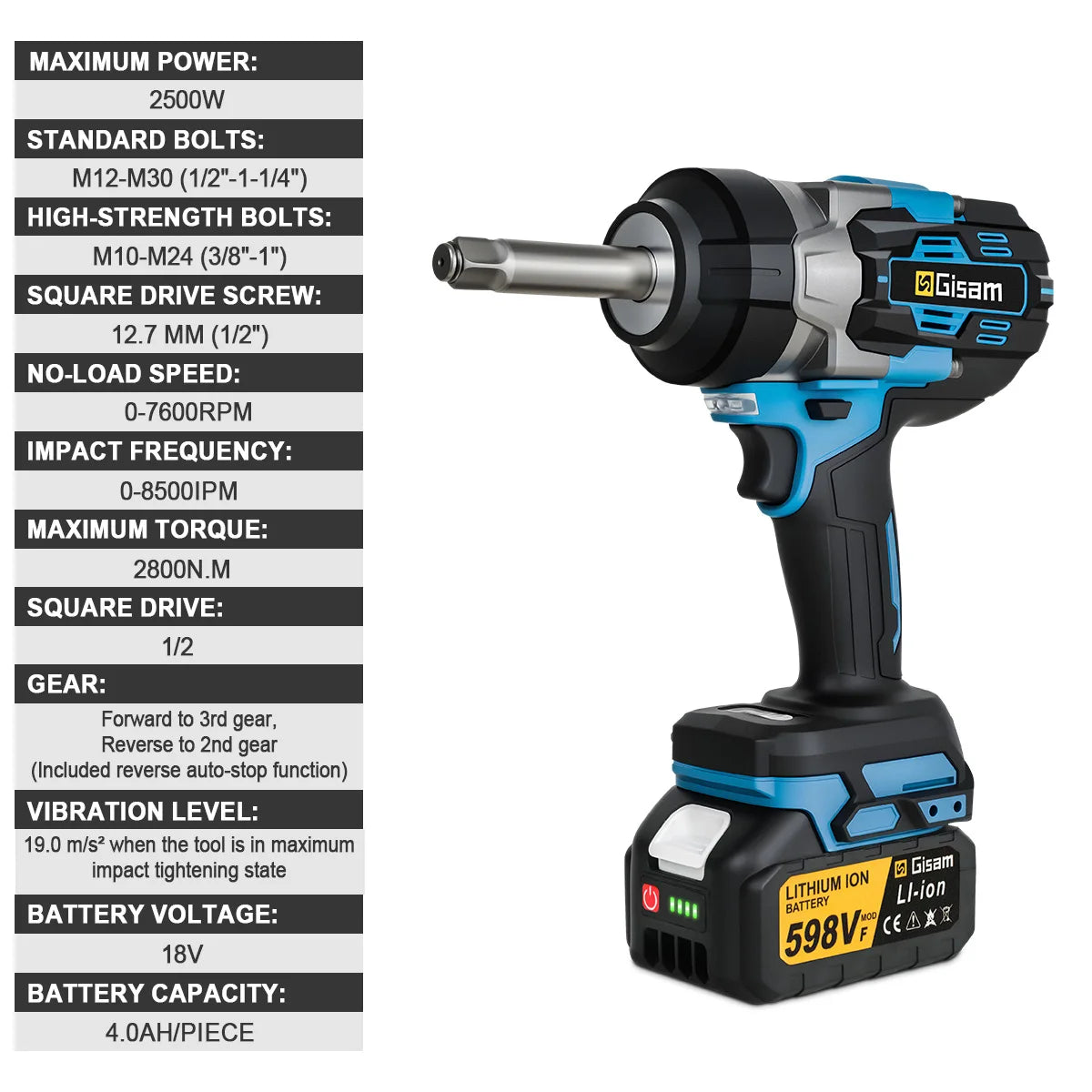 Gisam cordless impact wrench side view with LED light and battery included