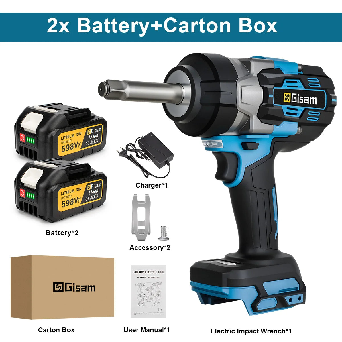 Gisam cordless impact wrench side view with variable speed and battery indicator