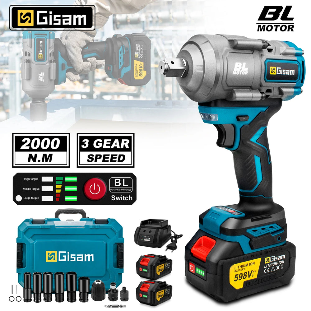 Gisam impact wrench packaging, blue and black kit on white background