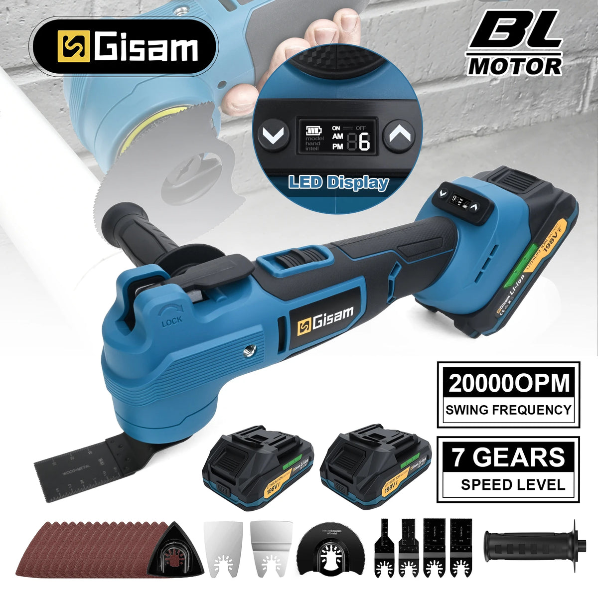 Gisam oscillating tool kit packaging, blue and black with 7 gears