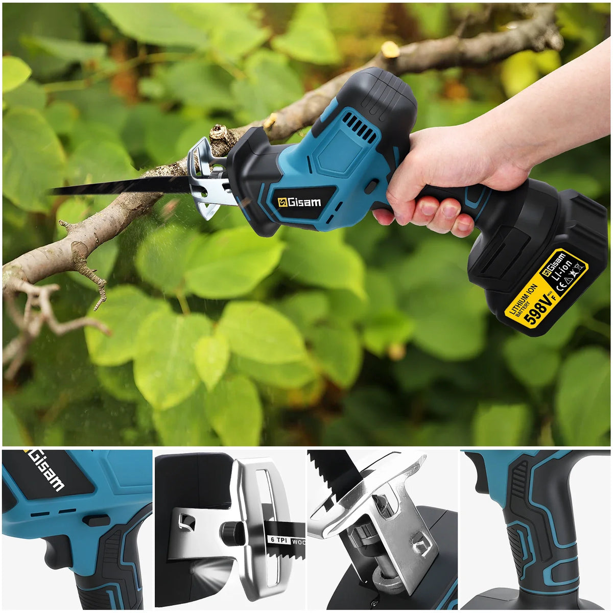 Gisam cordless pruning tool with ergonomic handle in natural setting (lifestyle)