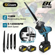 Gisam cordless reciprocating saw, blue-black-yellow brushless motor on white (front view)