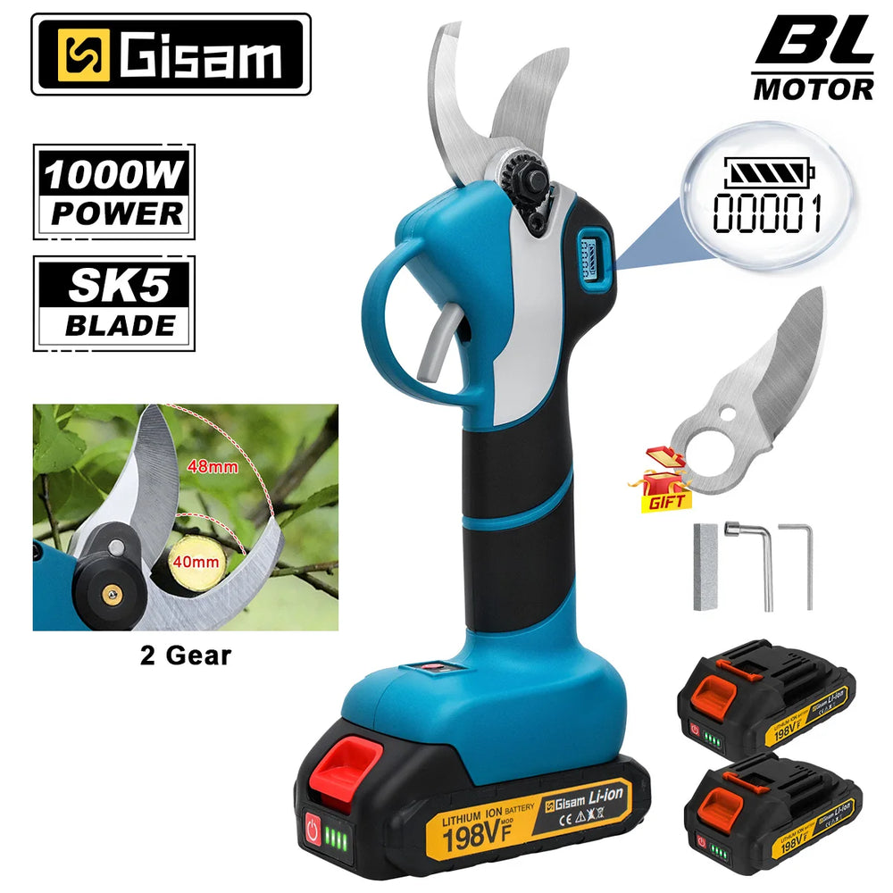 Gisam pruning shears front view with cordless brushless design in blue/black/red