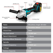 Gisam angle grinder detail shot of specifications, gray and black