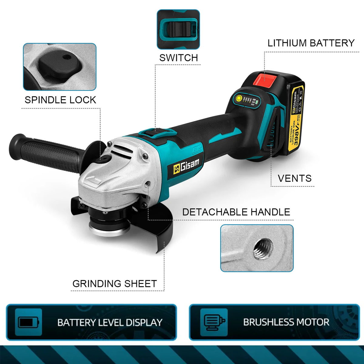 Gisam angle grinder close-up features, detachable handle and safety lock