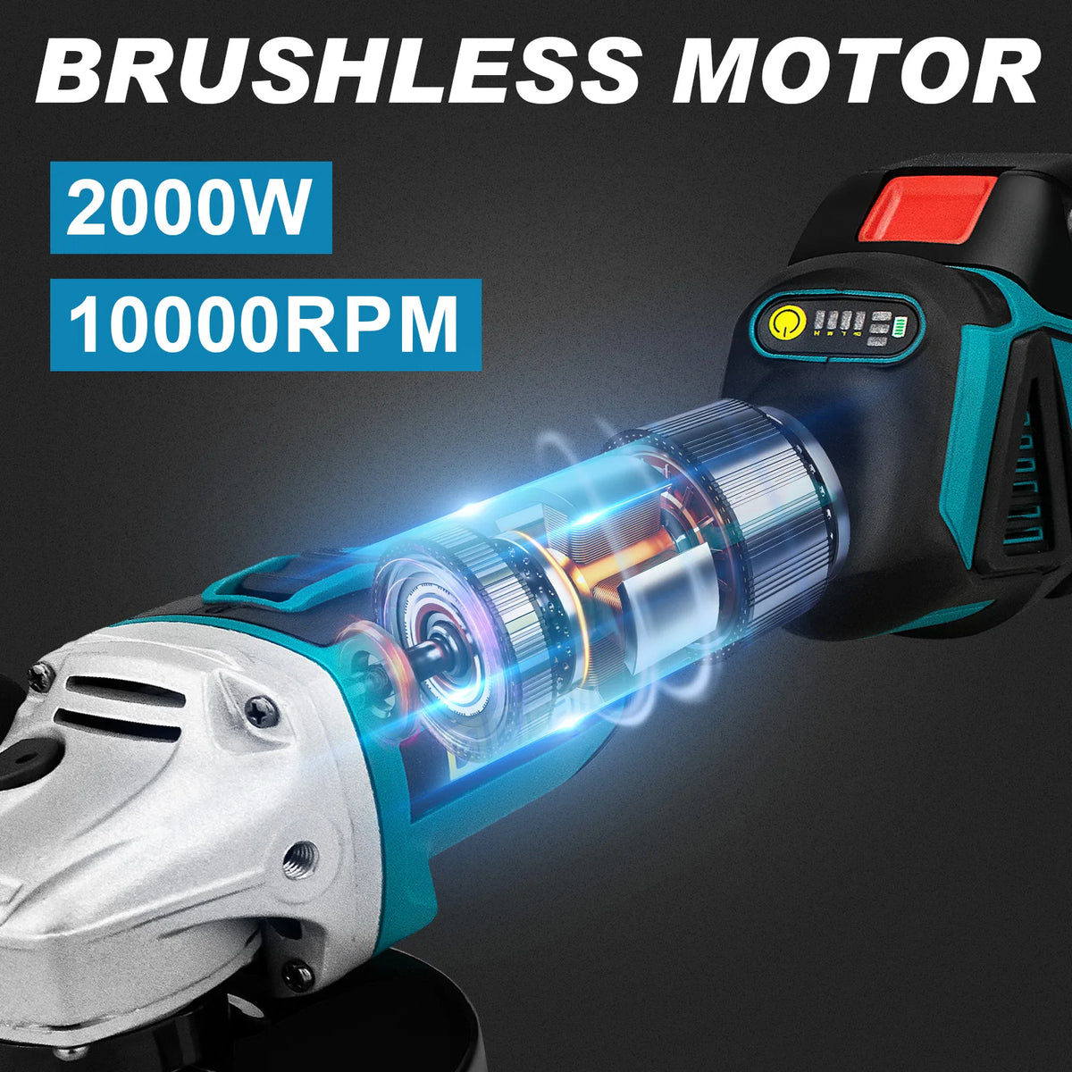 Gisam brushless motor detail, 2000W and 10000RPM on black background