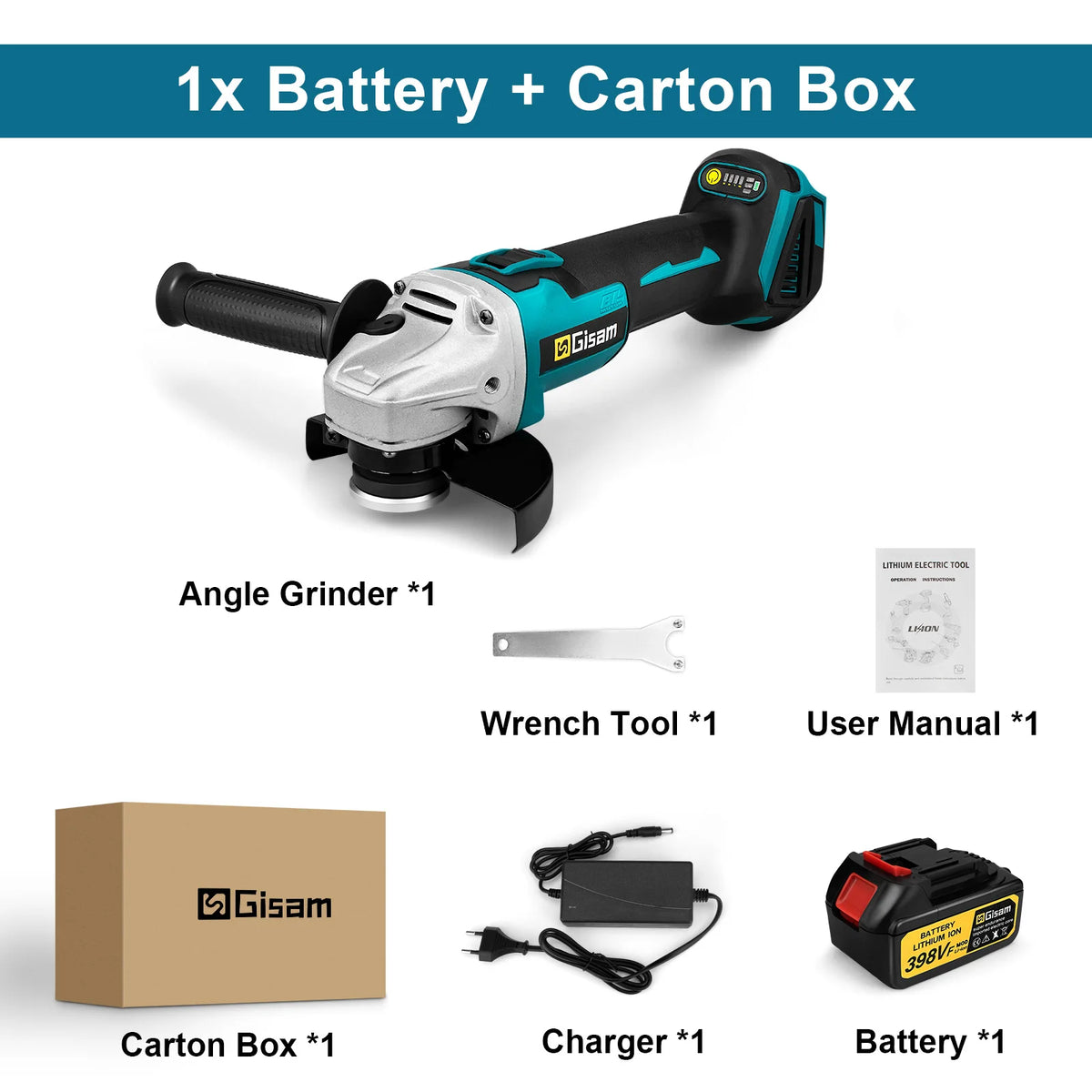 Gisam tool kit packaging view, battery, charger and manual shown
