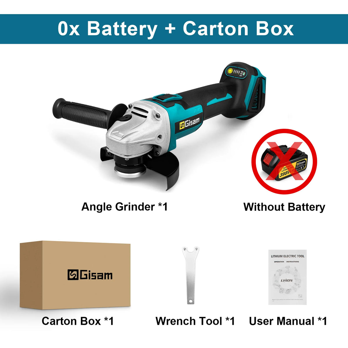 Gisam angle grinder packaging, battery included and manual visible