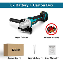 Gisam angle grinder packaging, battery included and manual visible