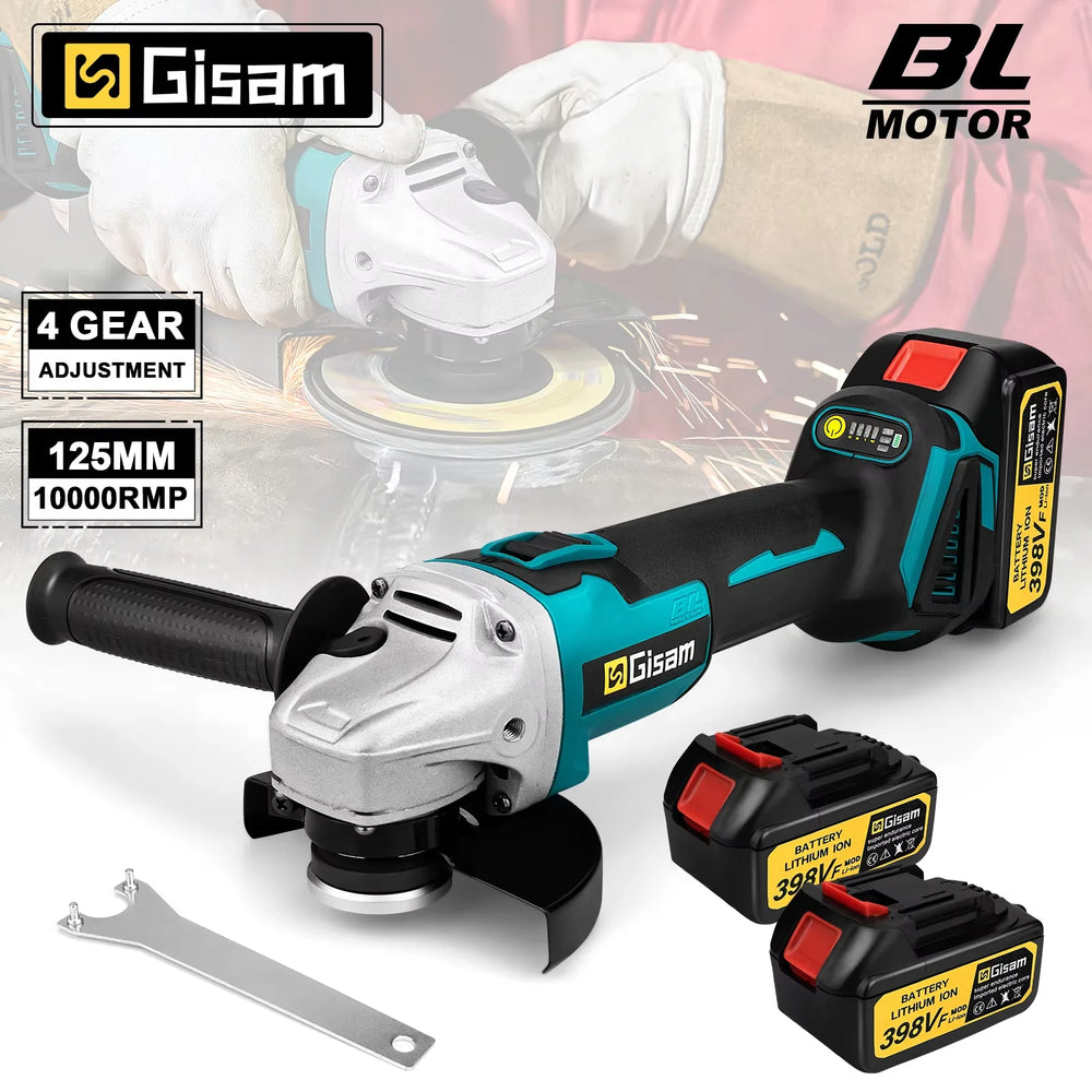 Gisam brushless angle grinder front view, black and blue ergonomic handle