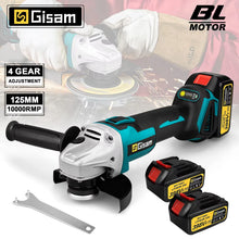 Gisam brushless angle grinder front view, black and blue ergonomic handle