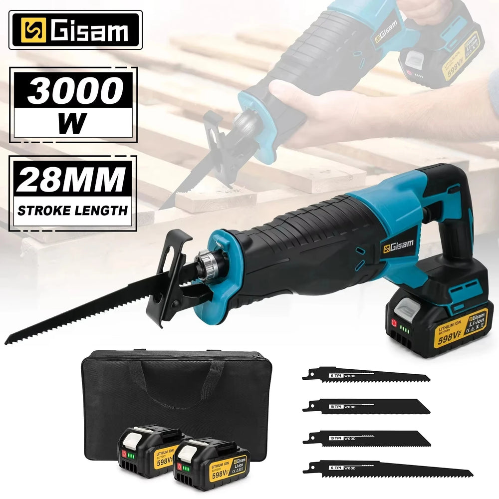 Gisam cordless reciprocating saw detail, blue and black with 4 blades