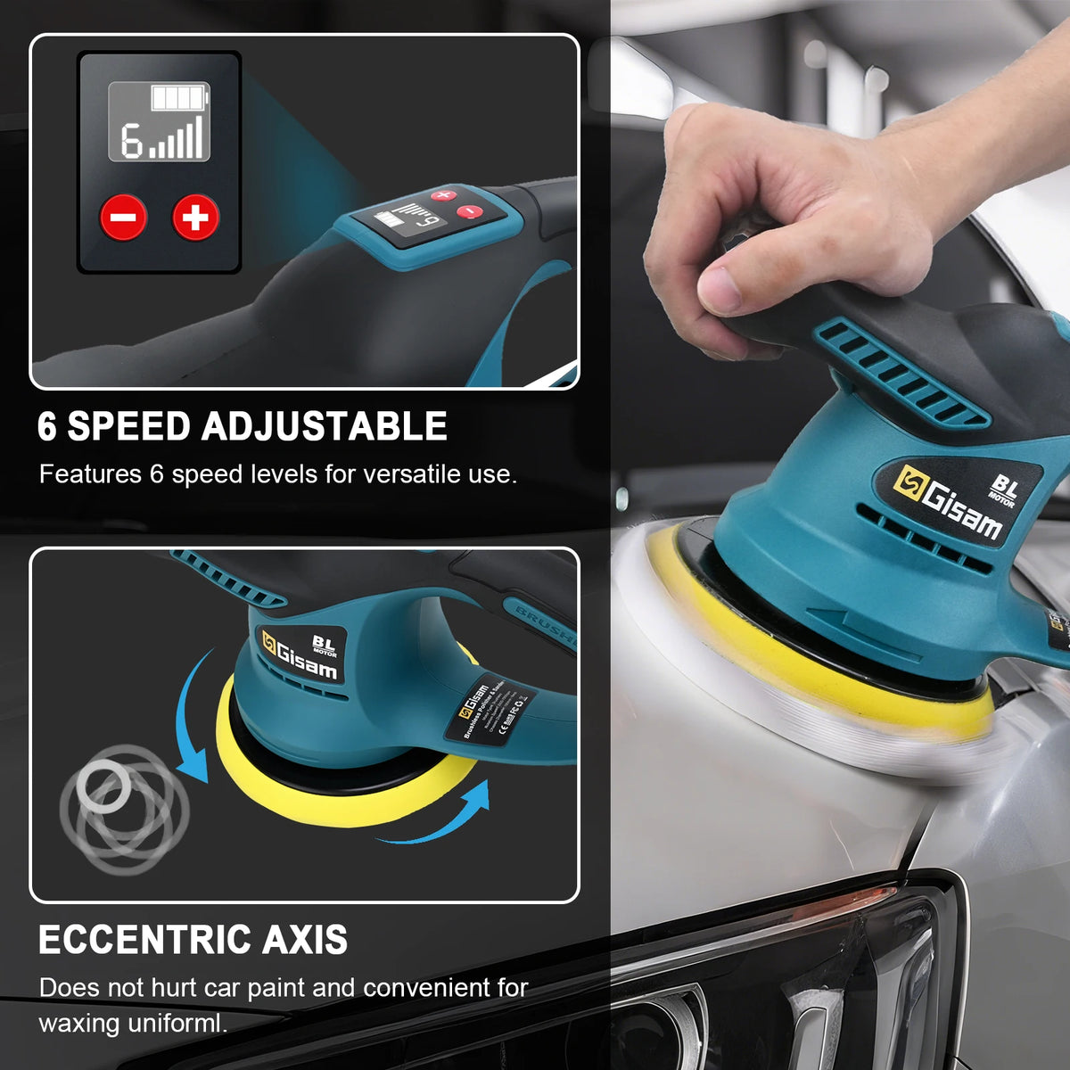 Gisam brushless car polisher detail showing high efficiency and long duration