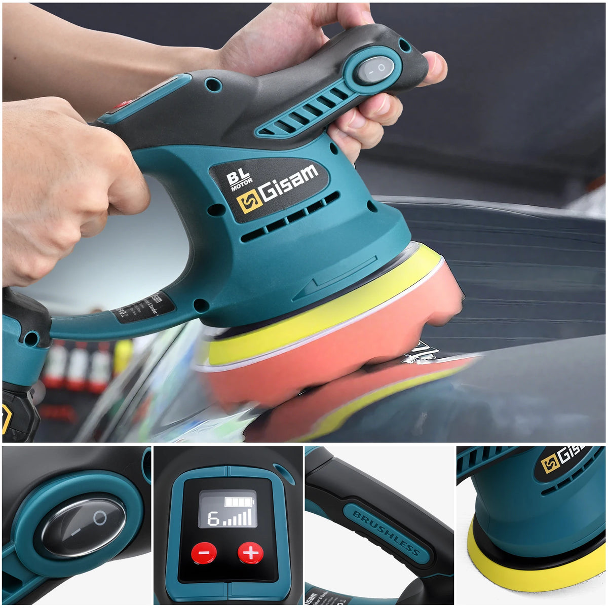 Gisam polisher ergonomic handle close-up with digital display and 6 gear settings