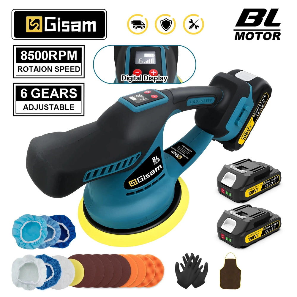 Gisam cordless car polisher packaging, blue and black with yellow accents