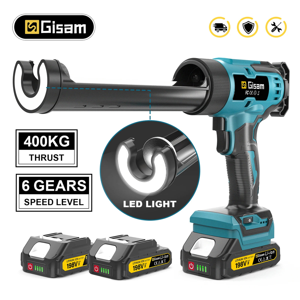 Gisam cordless caulking gun detail close-up, blue and black with 400kg thrust