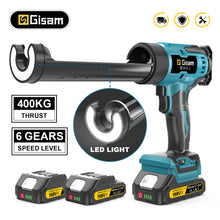 Gisam cordless caulking gun detail close-up, blue and black with 400kg thrust