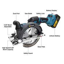 Gisam circular saw side view, blade guard and battery compartment