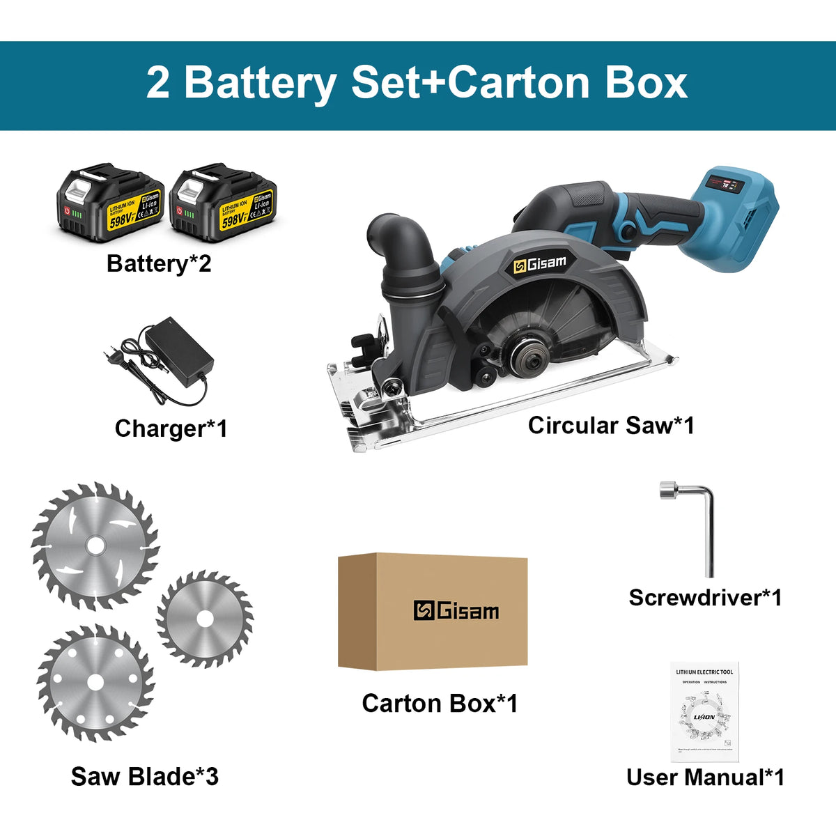 Gisam circular saw packaging, kit with two batteries in carton box