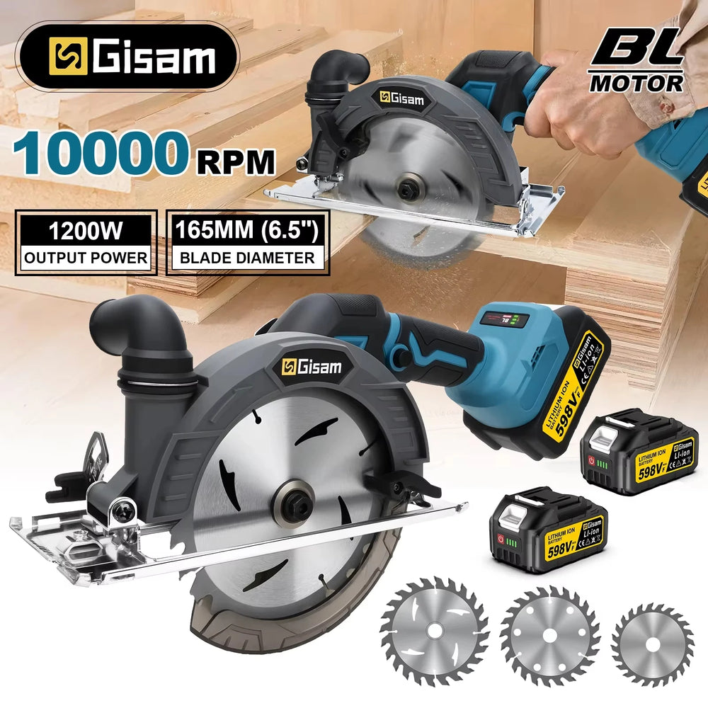 Gisam circular saw front view, black-blue cordless with laser guide
