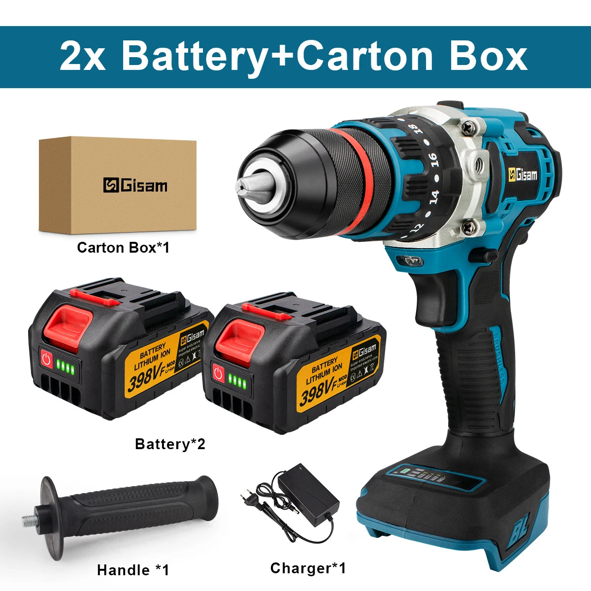 Gisam 13mm brushless drill packaging, accessories and two batteries shown