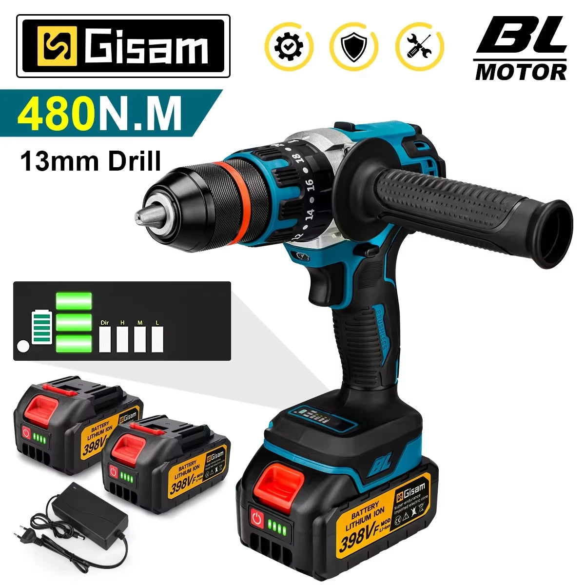Gisam 13mm brushless drill front view, black-blue body with 13mm chuck