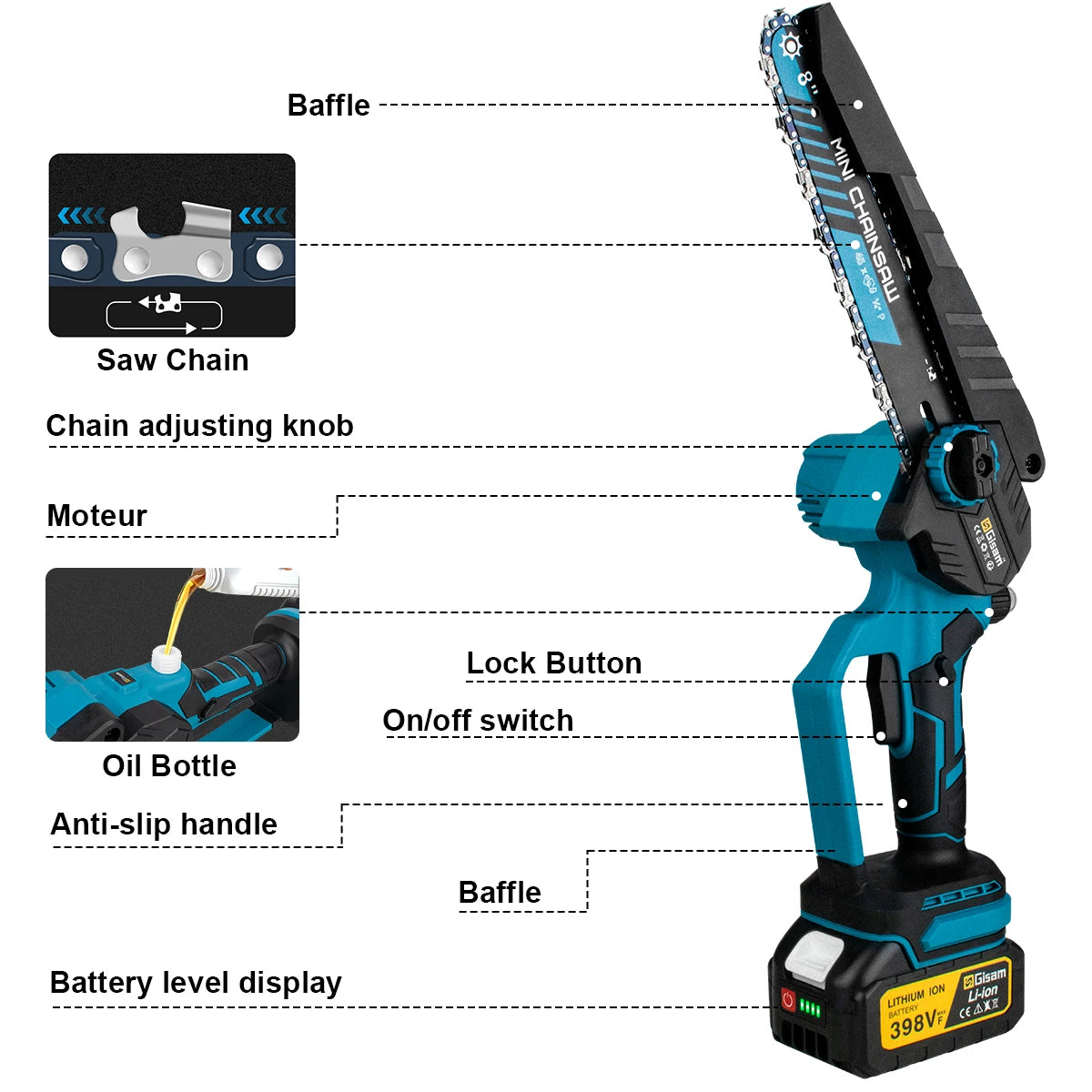 Gisam cordless chainsaw detail with adjustable nozzle, blue and black