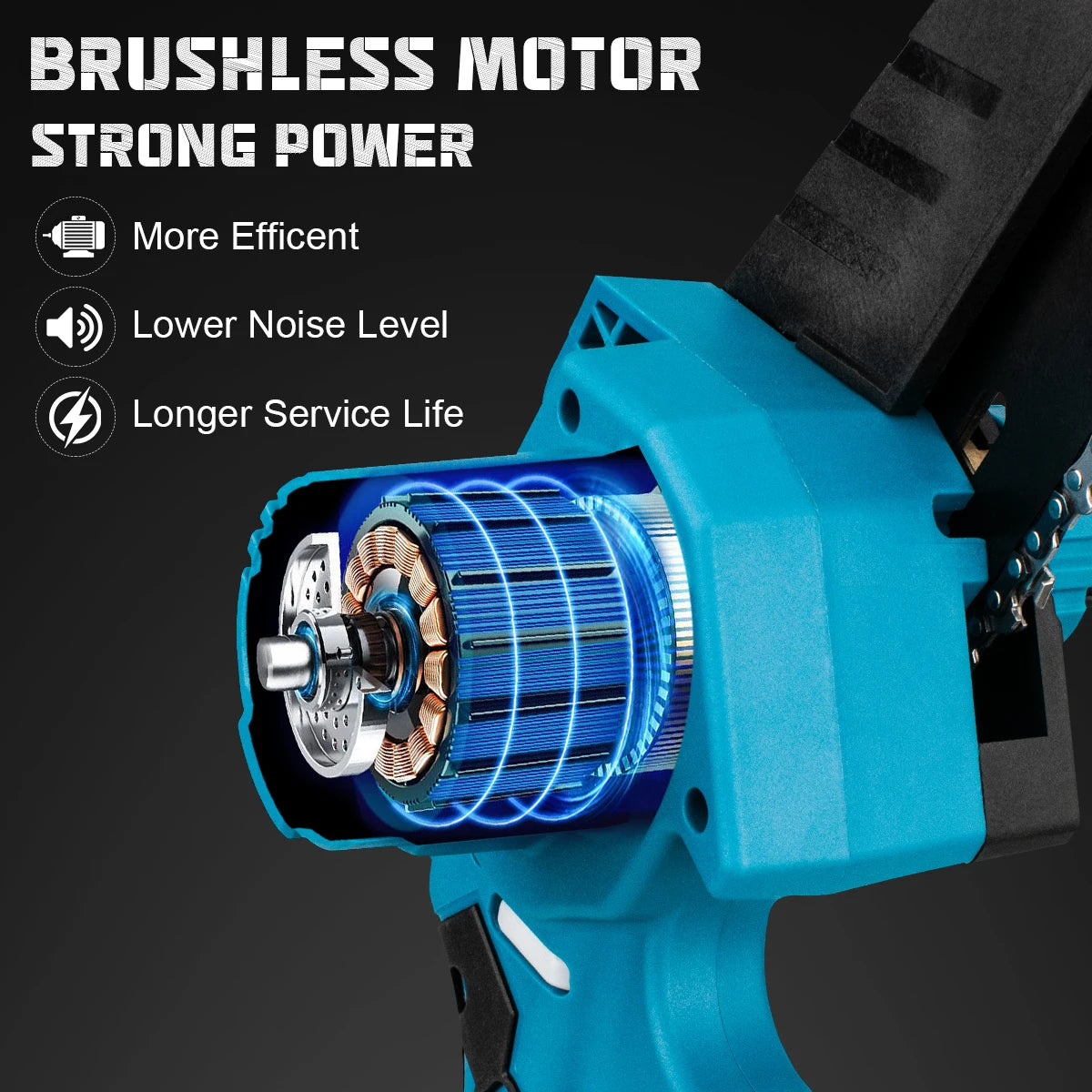 Gisam chainsaw detail of auto oiling system, blue and black in use