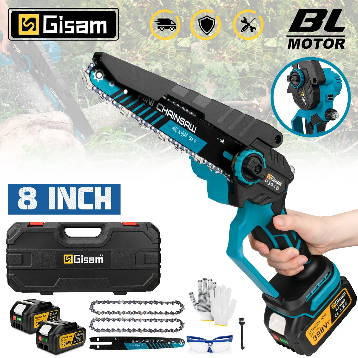 Gisam cordless chainsaw lifestyle shot, blue and black 8 inch blade